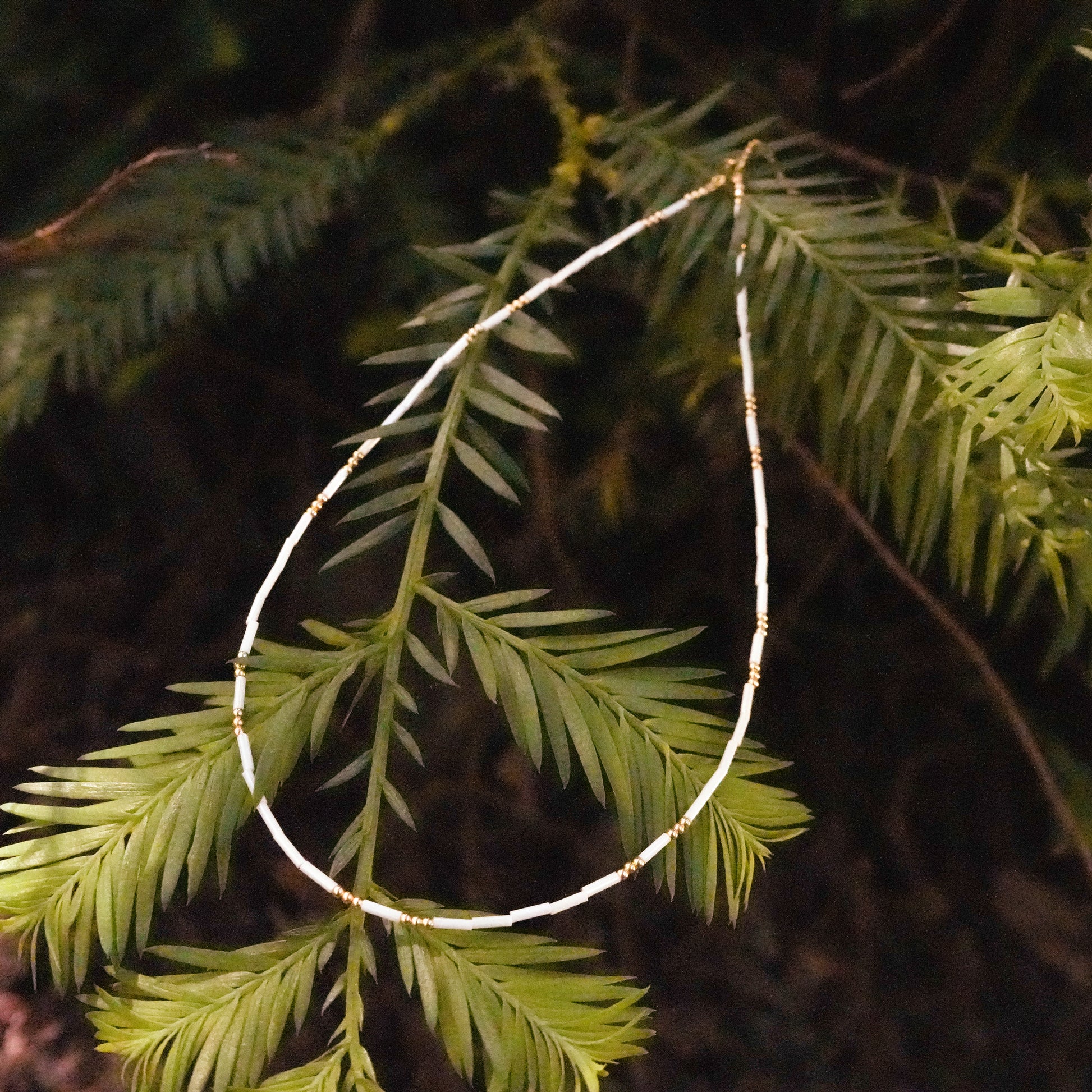 white and gold beaded necklace on leaves
