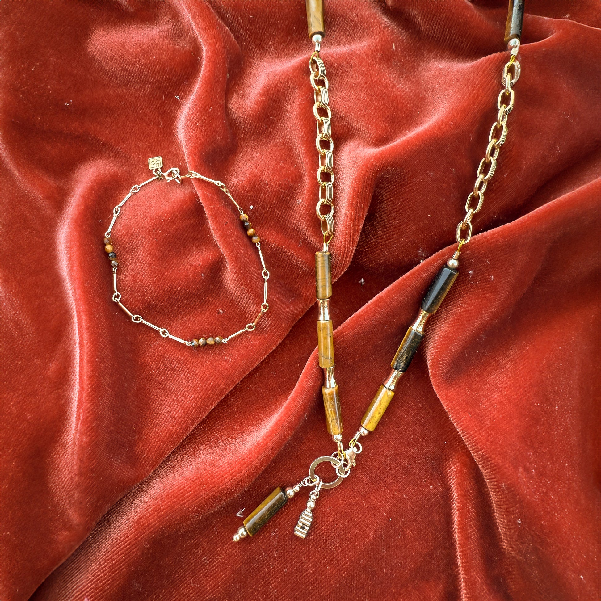 bundle of a necklace and bracelet with tiger's eye and gold-filled beads