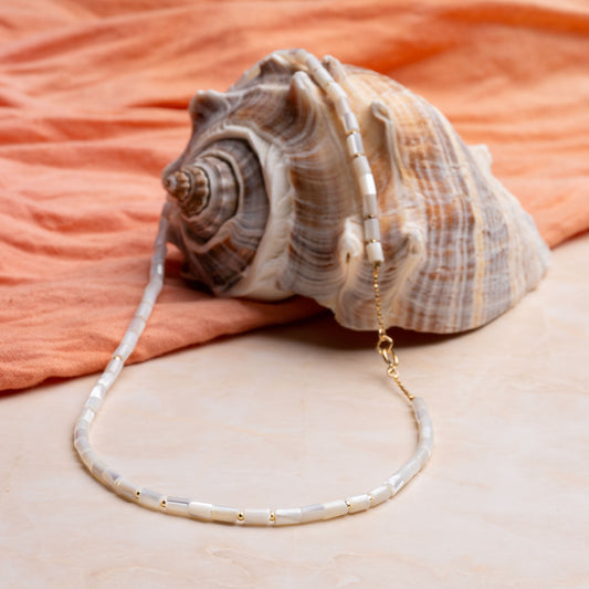 necklace with mother of pearl tube beads and gold-fill beads and chain