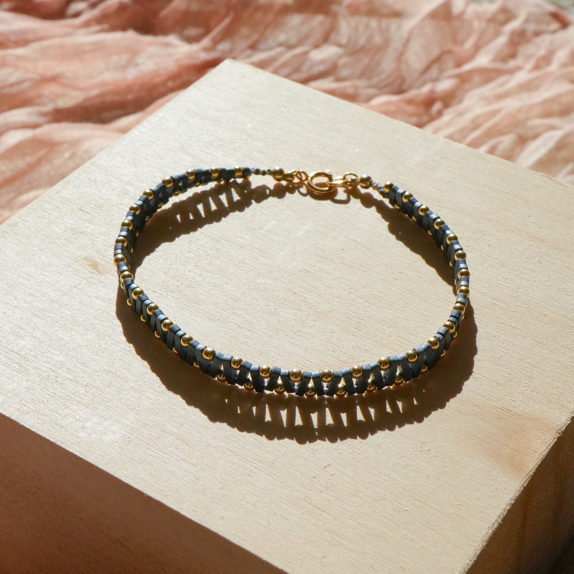 bracelet with Japanese blue-gray glass and gold-fill accent beads