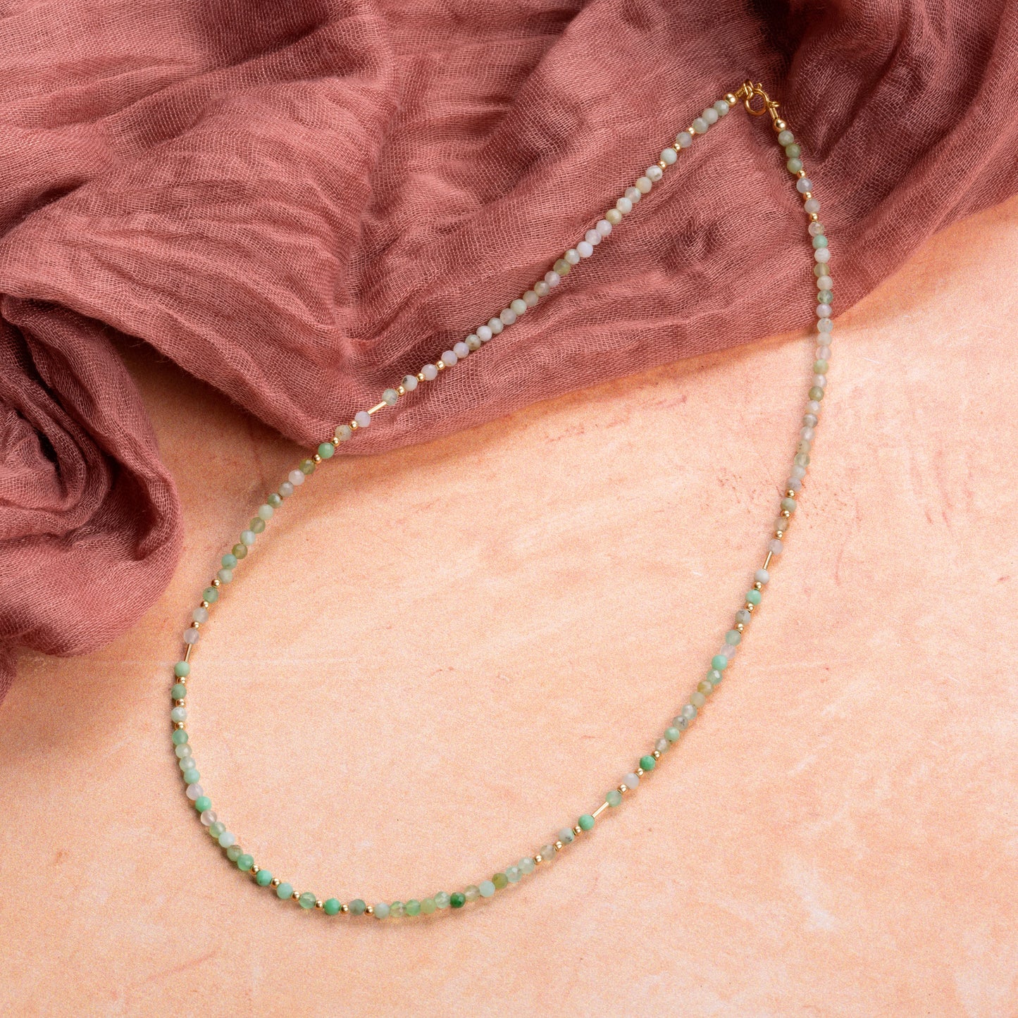 necklace with Chrysoprase stones and gold-filled beads