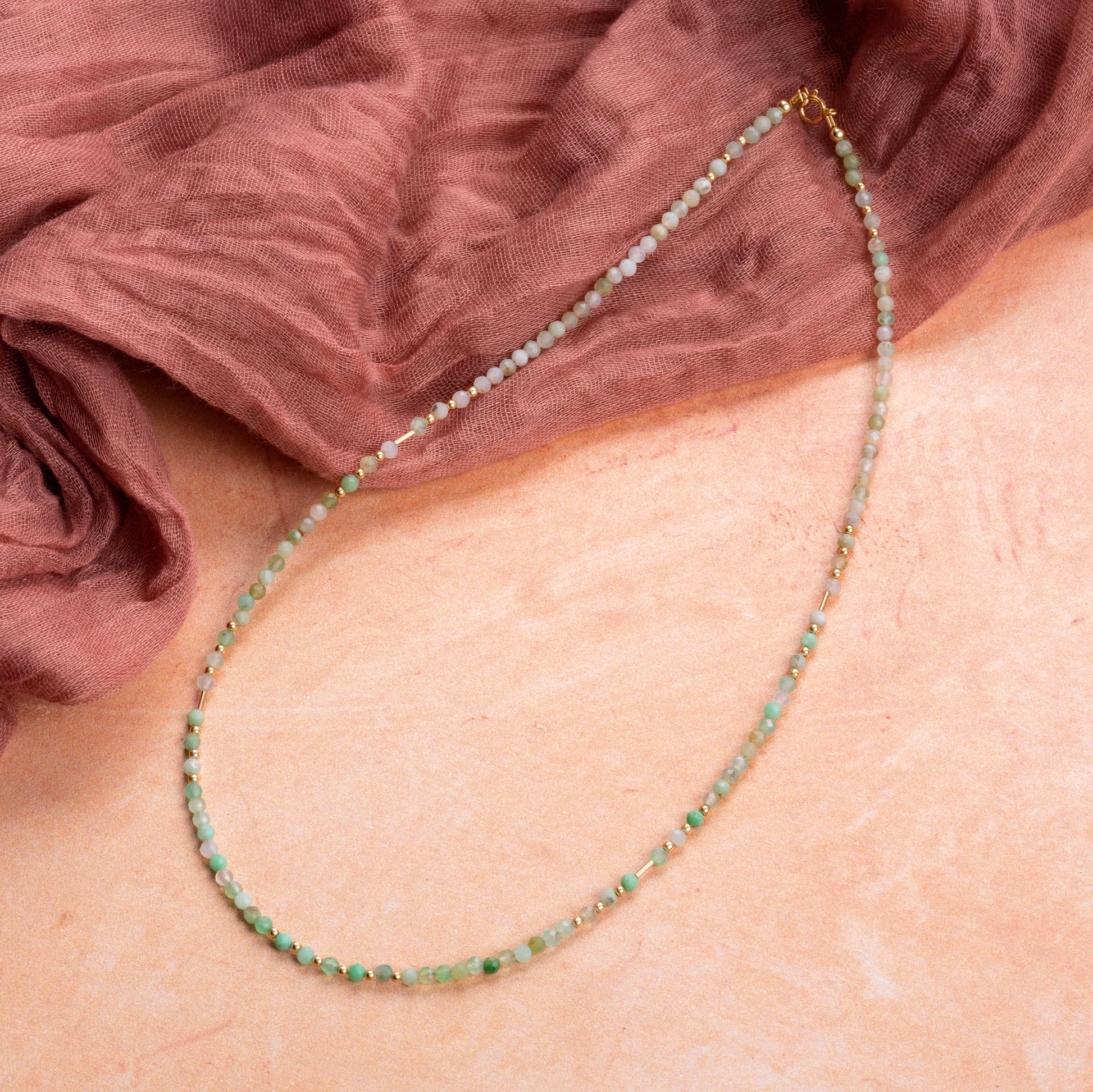 necklace with Chrysoprase stones and gold-filled beads