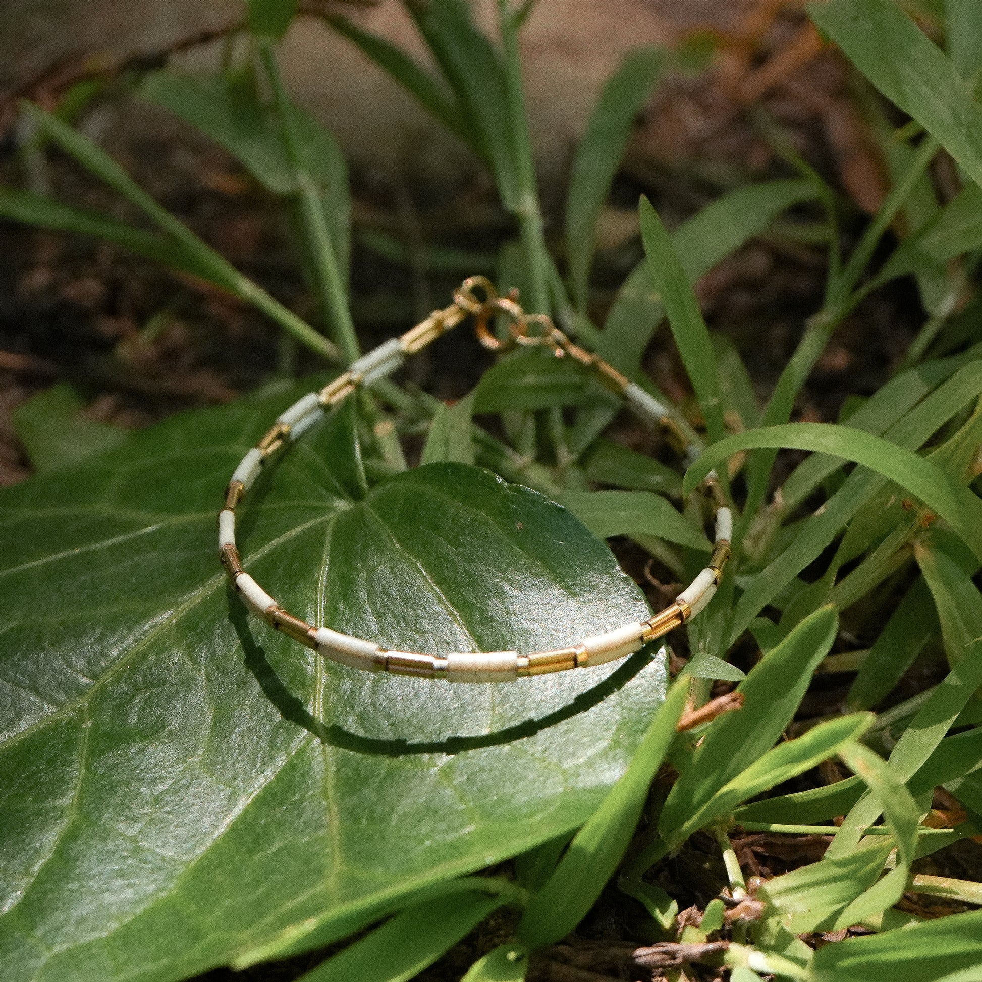 bracelet on a leaf with Japanese glass beads and gold-filled beads