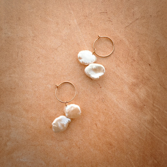 gold-filled hoop earrings with dangling keshi pearls