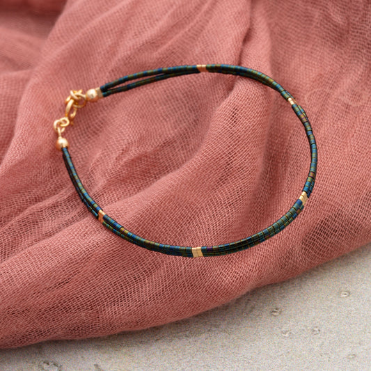 double strand bracelet with iridescent dark teal and green miyuki beads